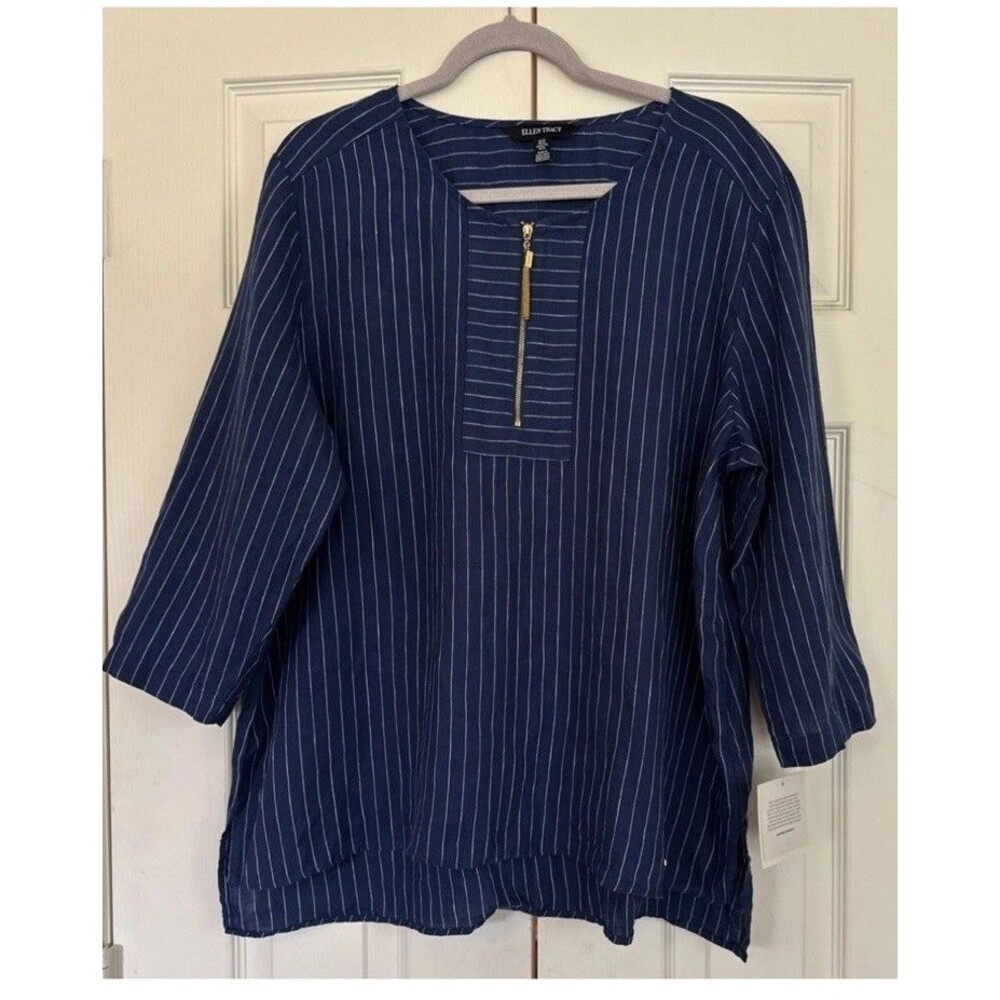 Ellen Tracy Top Women's XL Linen Blue Striped  3/4 Sleeve Quarter Zip NWT
